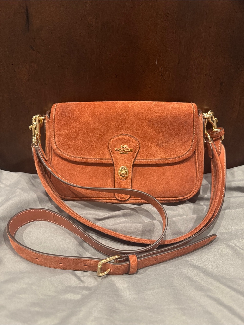 Coach Suede Crossbody Bag in Burnt Orange with Gold Hardware